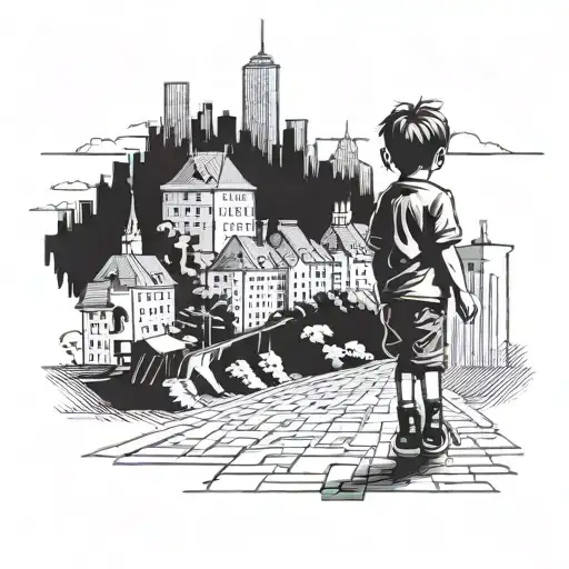 little boy choosing path to walk big city in background tattoo design idea