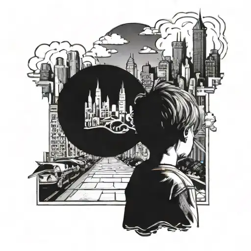 little boy staring at big city dream and reality sign tattoo design idea