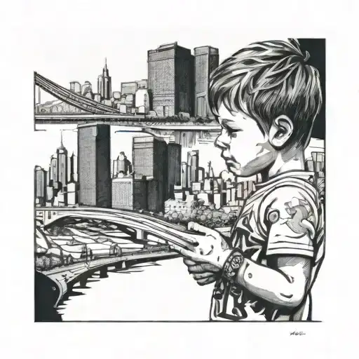 little boy big city skyline in the background tattoo design idea