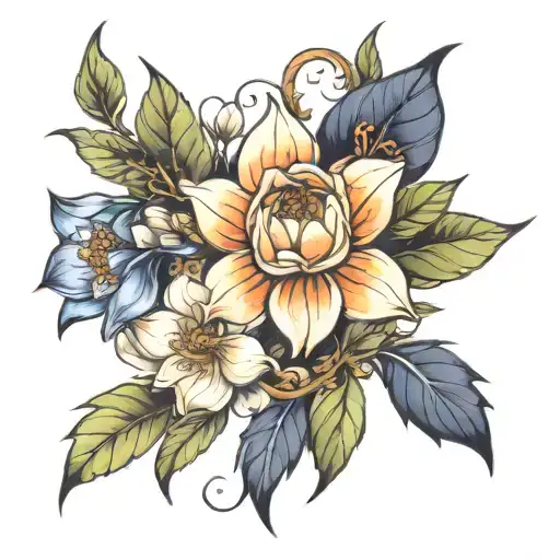February flower connected with April flower and march flower tattoo design idea