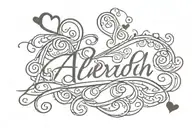 script font, name - Alex , prison style lining with hearts tattoo design idea