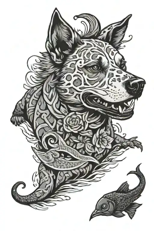crazy red heeler dog killing a catfish with chisels tattoo design idea