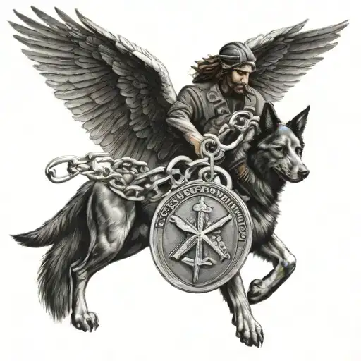 st michael archangel stabbing the devil police with military dog tags and Hebrew writing  tattoo design idea