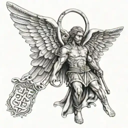 st michael archangel with military dog tags and Hebrew writing  tattoo design idea