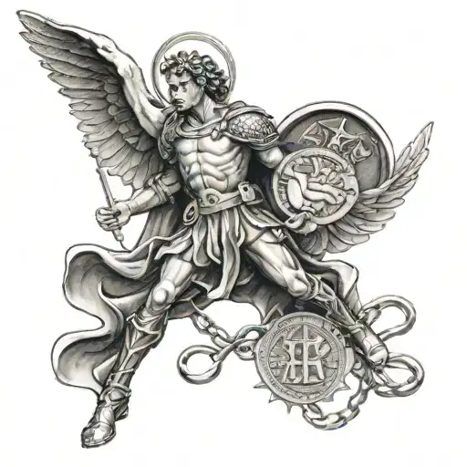 st michael archangel stabbing the devil police with dog tags and Hebrew writing  tattoo design idea