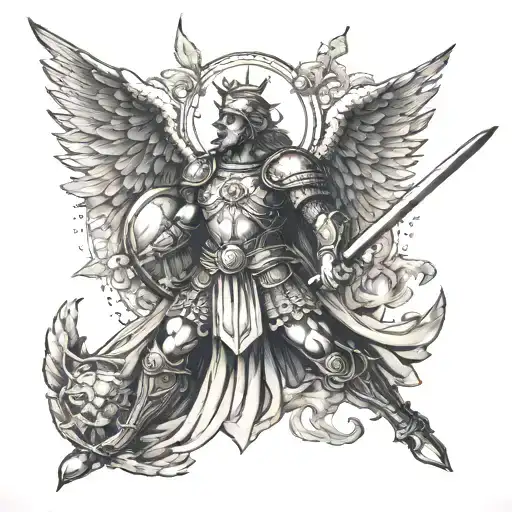 A military-inspired St Michael with a sword and shield tattoo design idea