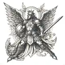 A military-inspired St Michael with a sword and shield tattoo design idea