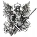 A military-inspired St Michael with a sword and shield tattoo design idea