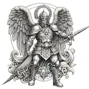 A military-inspired St Michael with a sword and shield tattoo design idea