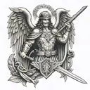 A military-inspired St Michael with a sword and shield tattoo design idea