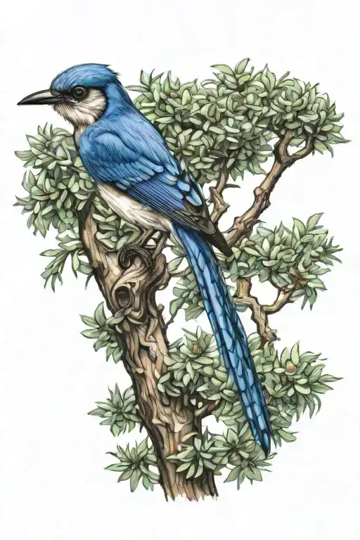 California scrub jay perched on a live oak tree tattoo design idea