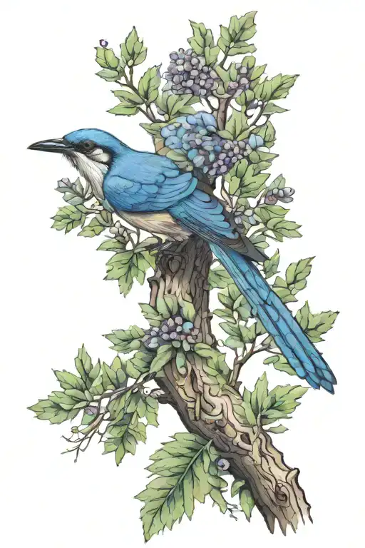a California scrub jay perched on a costal live oak tree in the style of a botanical illustration  tattoo design idea
