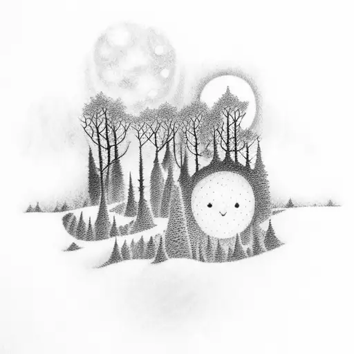 A hauntingly beautiful forest with a moonlit sky in dotwork style tattoo design idea