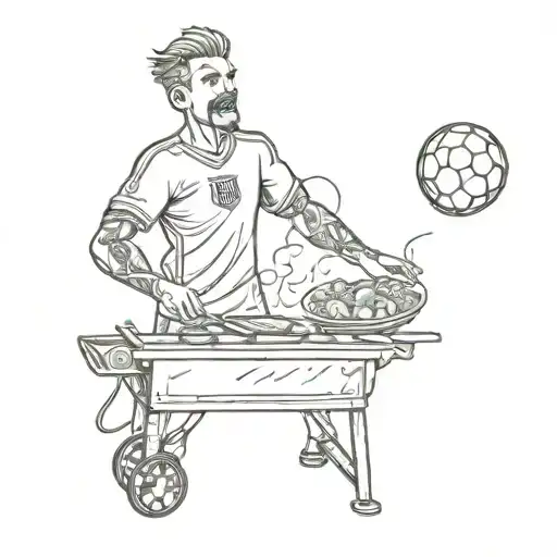 A sketch style tattoo of a soccer player cooking on a grill wearing a Barcelona FC jersey tattoo design idea