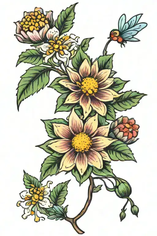 aster flower, two holly flowers, a chrysanthemum, a snowdrop flower, a primrose  tattoo design idea