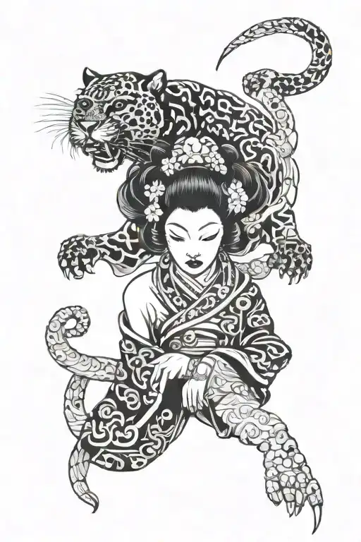 Combine a panther with a Japanese geisha in a blackwork style tattoo tattoo design idea