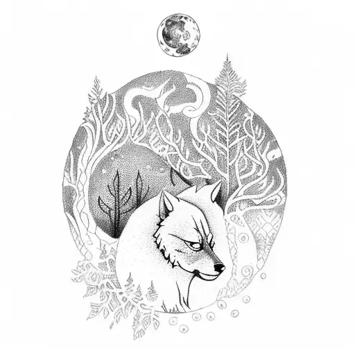 A dotwork tattoo of a mystical forest with enchanted trees and a wolf gazing at the moon, with the name Yesenia subtly woven into the moonlight tattoo design idea