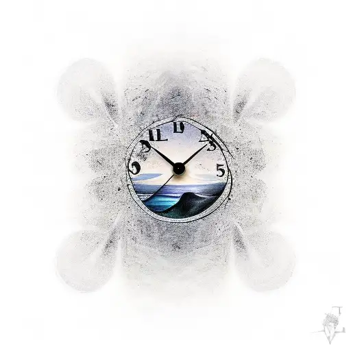 A tattoo of a clock melting into a serene mountain landscape, symbolizing the client's love for adventure and the fleeting nature of time. tattoo design idea