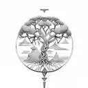 A tree of life intertwined with greek mythology figures such as Zeus and Athena tattoo design idea