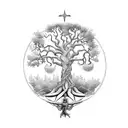 A tree of life intertwined with greek mythology figures such as Zeus and Athena tattoo design idea