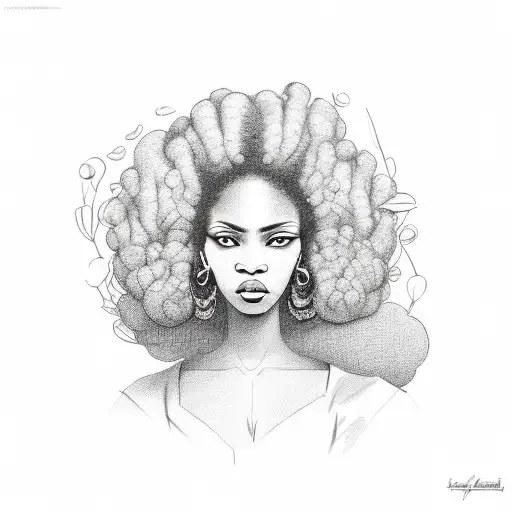 face of an afro woman, with black power style hair, nose piercing, thick lips. tattoo design idea