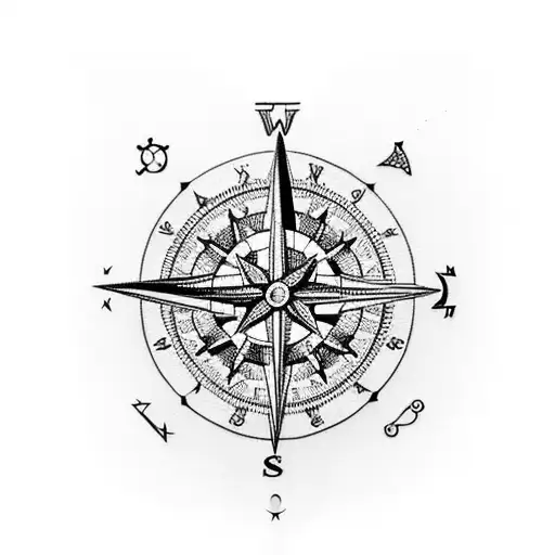 A blackwork tattoo of a compass intertwined with the iconic scallop shell symbol of the Camino de Santiago tattoo design idea