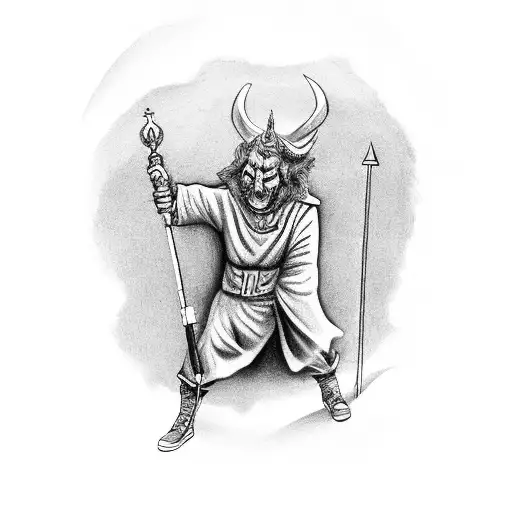 A black-grey tattoo of a devilish figure walking the Camino de Santiago, with the Cathedral in the background tattoo design idea