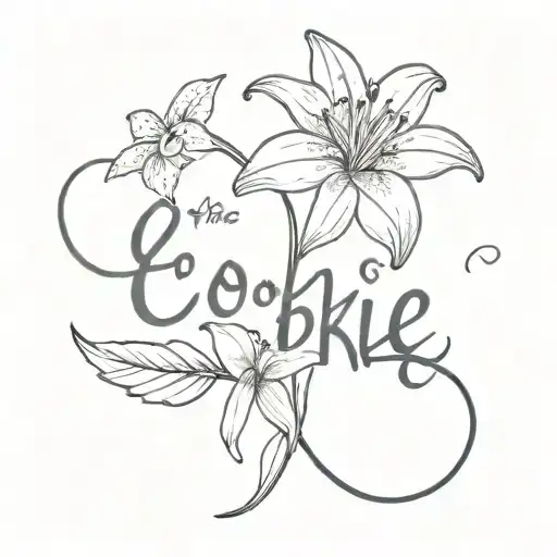 the name Cookie calligraphy style with a lily and daisy flower  tattoo design idea