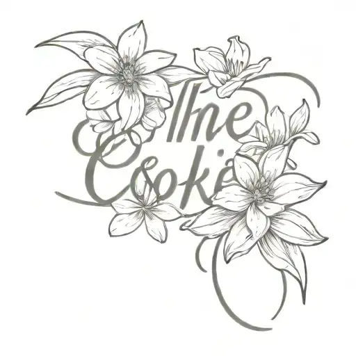 the name Cookie in calligraphy style, accompanied by a minimal lily and daisy flower tattoo design idea