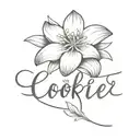 the name Cookie calligraphy style with a lily and daisy flower  tattoo design idea