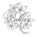 the name Cookie calligraphy style with a lily and daisy flower  tattoo design idea