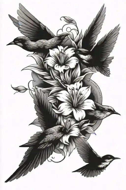 three swallows with daisy flower and morning glory flower tattoo design idea