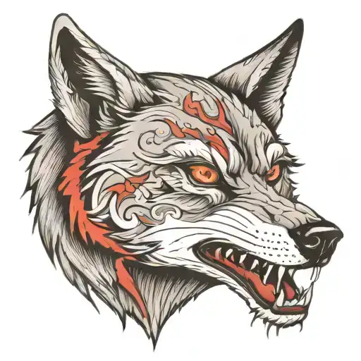 2 sided wolf face 1/2 black with red eyes other half grey with hazel eyes  tattoo design idea