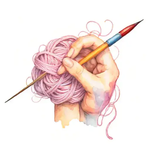 Female hand with crochet hook and balls of yarn tattoo design idea