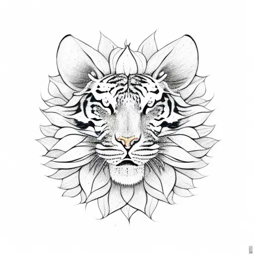 cartoon tiger head surrounded with lily flowers tattoo design idea