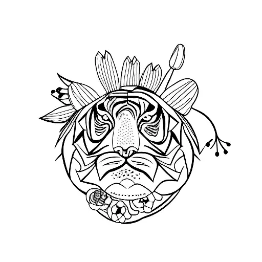 cartoon tiger head surrounded with lily flowers tattoo design idea