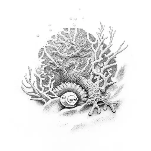 Tattoo sleeve starting with ocean and coral reef on the hand moving up to a scene of a beach sunset on forearm and final tattoo design idea