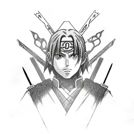 itachi from Naruto with lord of the rings, mass effect garrus and last of us moth all in one tattoo design idea