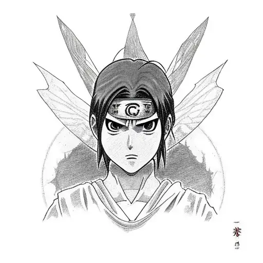 itachi from Naruto, with the moth from last of us, lord of the rings ring and garru from mass effect tattoo design idea