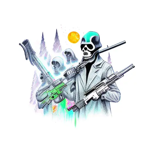 grim reaper holding an AK-47 in each hand  tattoo design idea