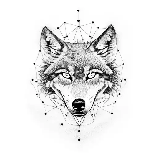 A dotwork tattoo featuring a chemical symbol merging with a wolf silhouette tattoo design idea