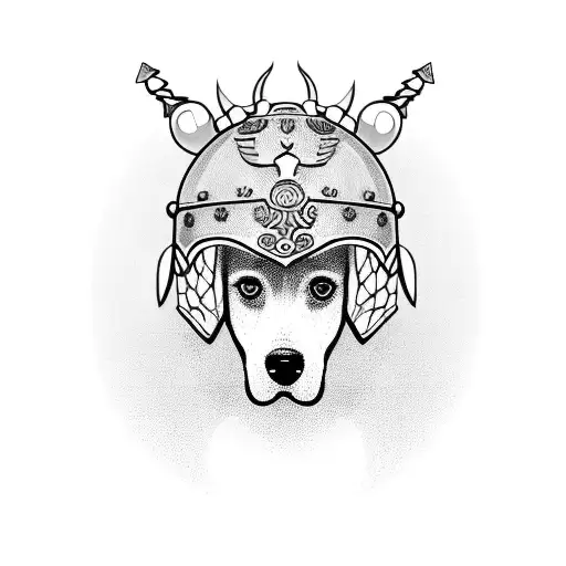 A blackwork tattoo of a dog wearing a Greek warrior helmet tattoo design idea