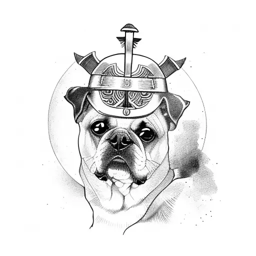 A blackwork tattoo of a dog wearing a Greek warrior helmet tattoo design idea