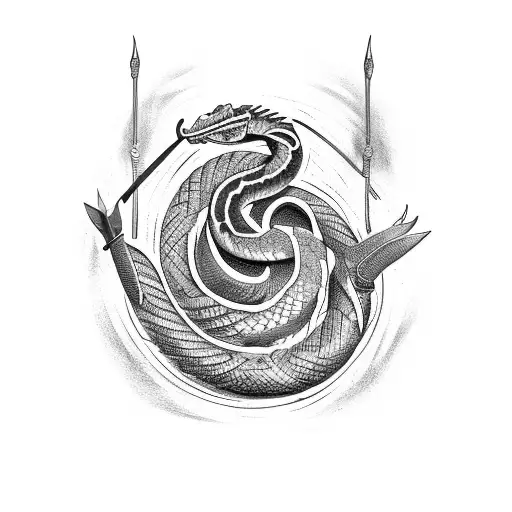 fire, serpent, bow and arrow, gods hands, open door tattoo design idea