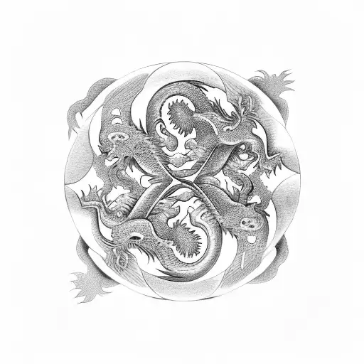 chinese dragon intertwined with scottish lion in yin yang tattoo design idea