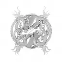 chinese dragon intertwined with scottish lion in yin yang tattoo design idea