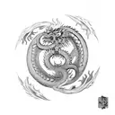 chinese dragon intertwined with scottish lion in yin yang tattoo design idea