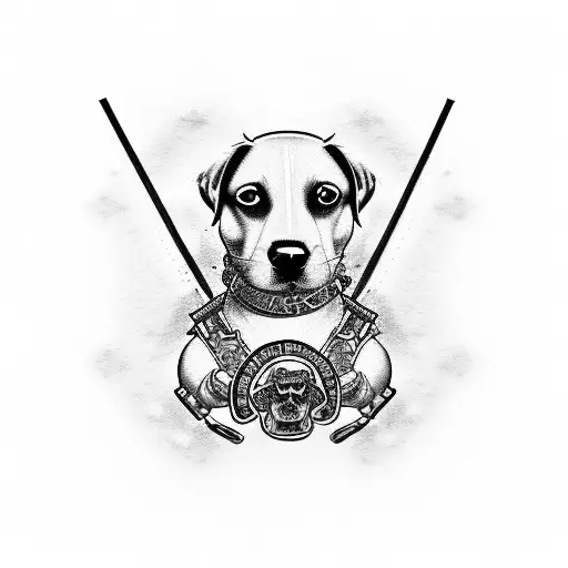 gangsta dog with choker, guns, roses, money, cash, knuckle dusters and playing cards  tattoo design idea