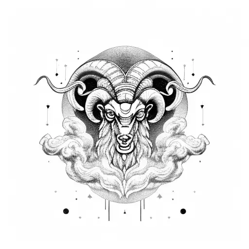 A sinister-looking Aries ram surrounded by dark, swirling smoke and mysterious symbols tattoo design idea