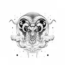 A sinister-looking Aries ram surrounded by dark, swirling smoke and mysterious symbols tattoo design idea
